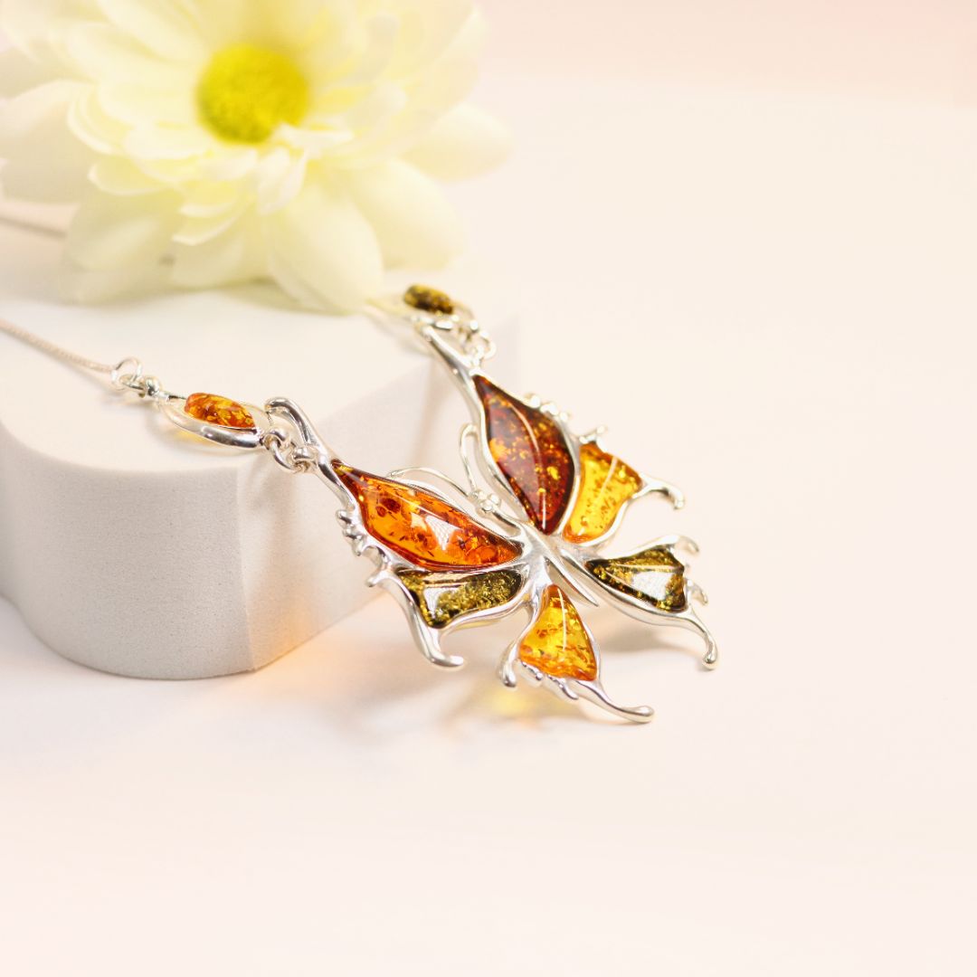 Natural Baltic Multicolor Amber Butterfly Statement Necklace in 925 Sterling Silver