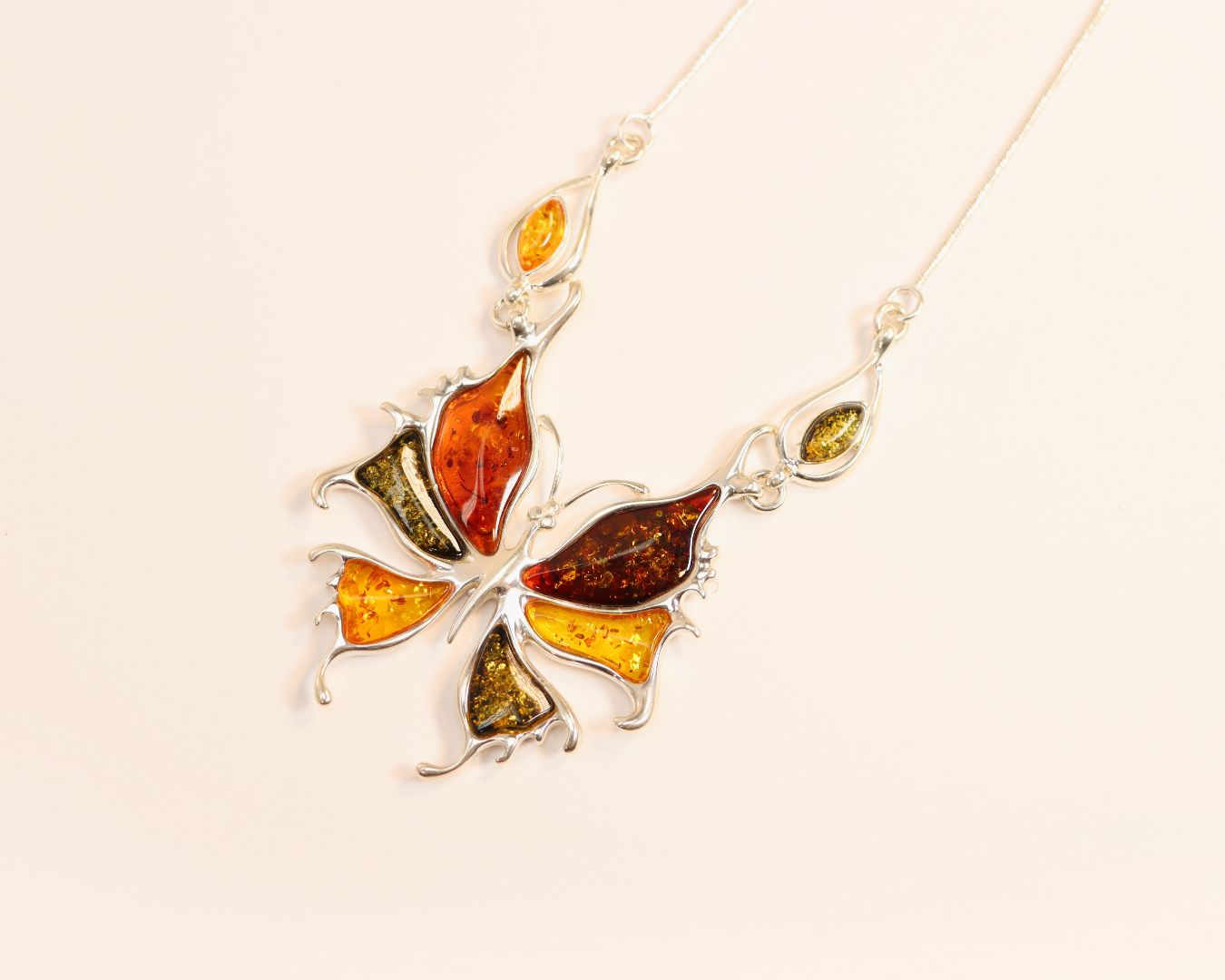 Natural Baltic Multicolor Amber Butterfly Statement Necklace in 925 Sterling Silver