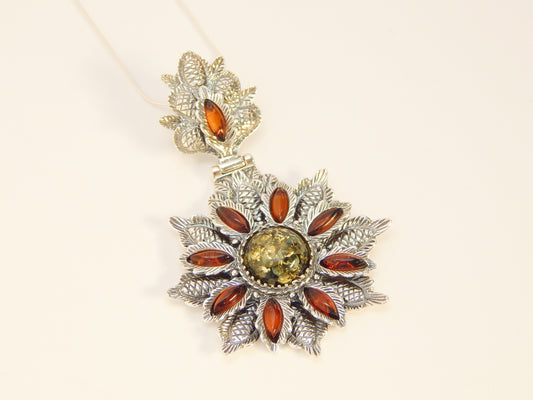 Natural Baltic Amber Tropical Floral Statement Necklace in 925 Sterling Silver