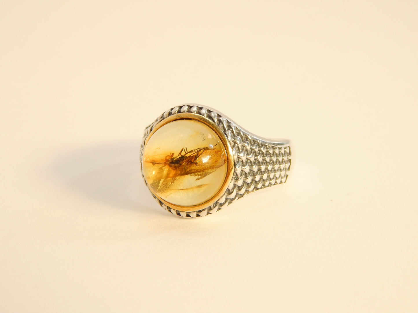 Natural Baltic Lemon Amber with Fossilized Insect Unisex Ring in 925 Sterling Silver
