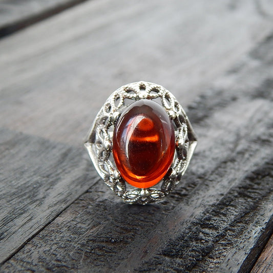 Natural Baltic Red Velvet Amber Cathedral Ring