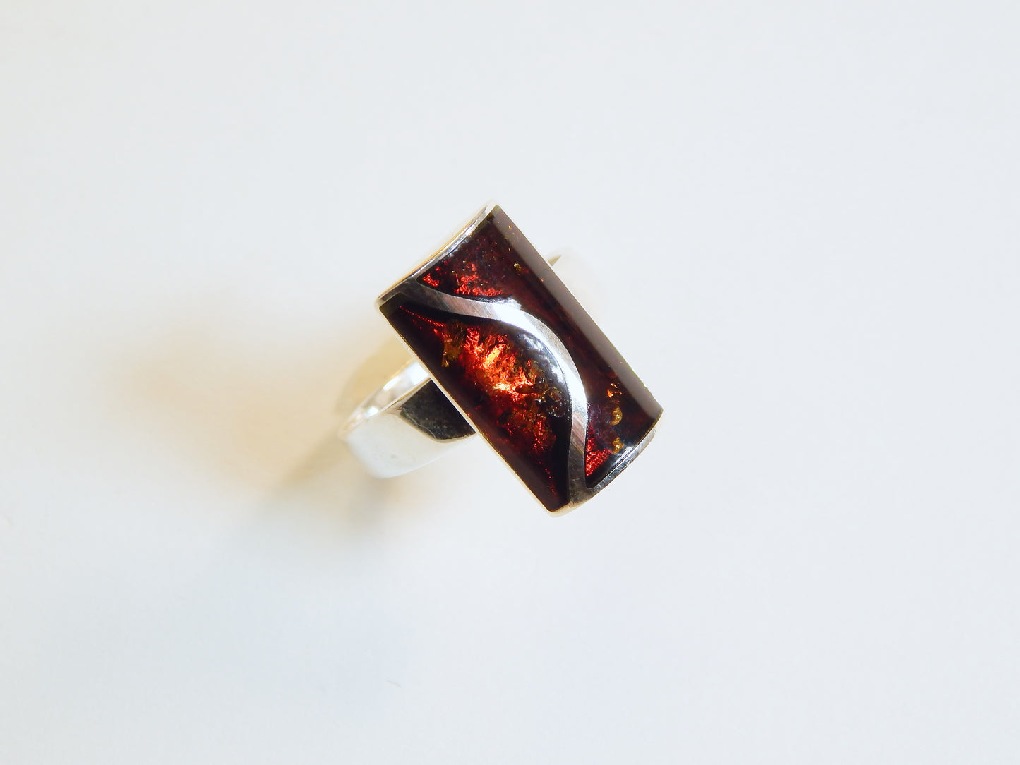 Natural Baltic Cognac Amber Modern Chic Rectangular Ring in 925 Sterling Silver