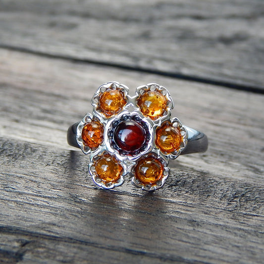 Natural Baltic Cognac and Cherry Amber Royal Flower Ring