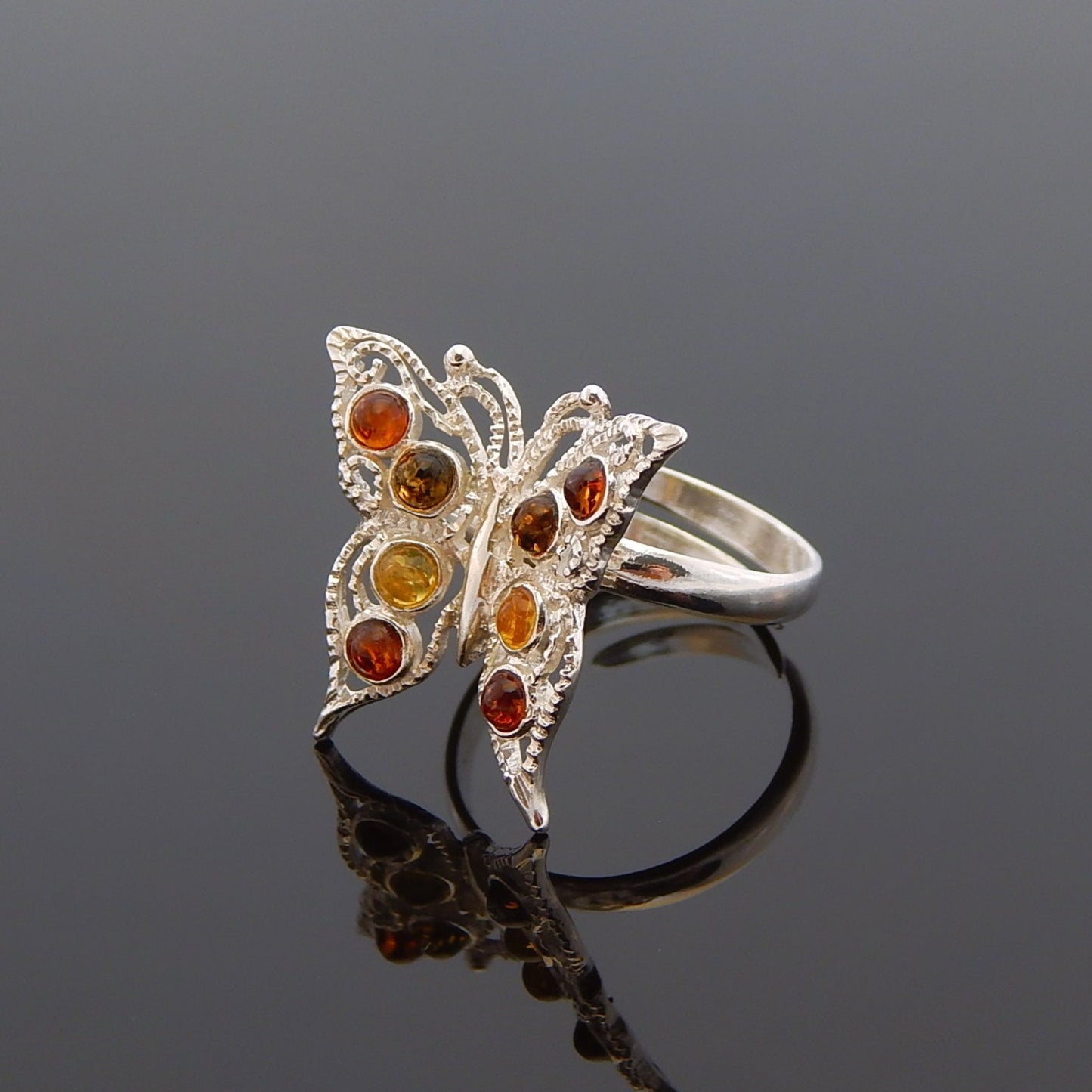 Natural Baltic Multicolor Amber Adjustable Butterfly Ring in 925 Sterling Silver