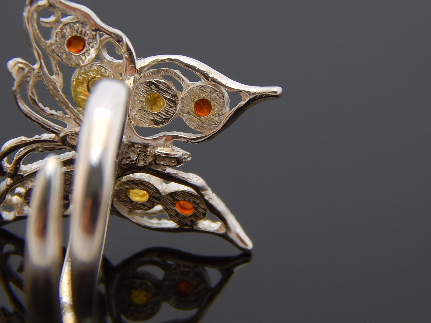 Natural Baltic Multicolor Amber Adjustable Butterfly Ring in 925 Sterling Silver