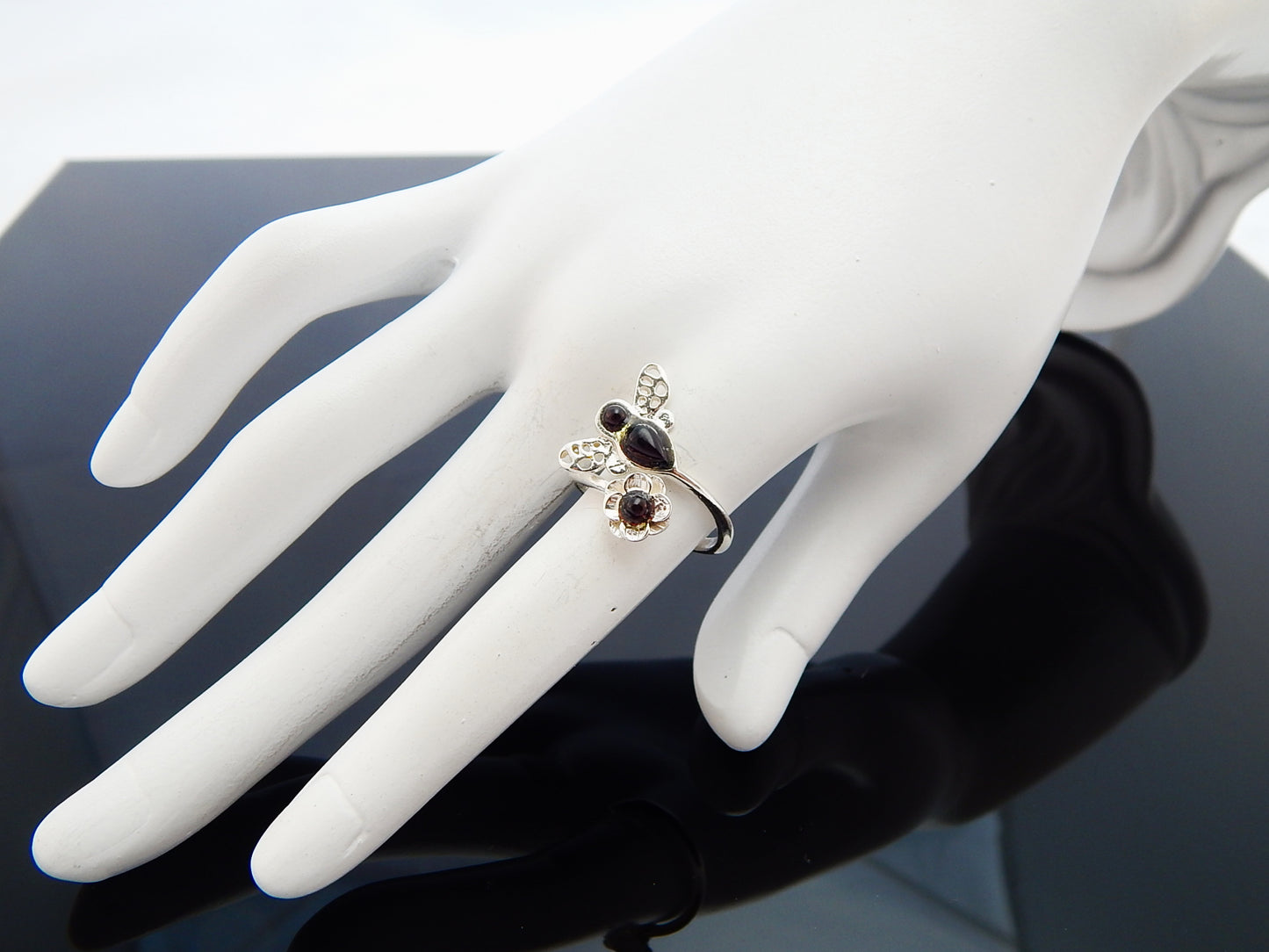 Natural Baltic Cherry Amber Bumble Bee Flower Adjustable Ring in 925 Sterling Silver