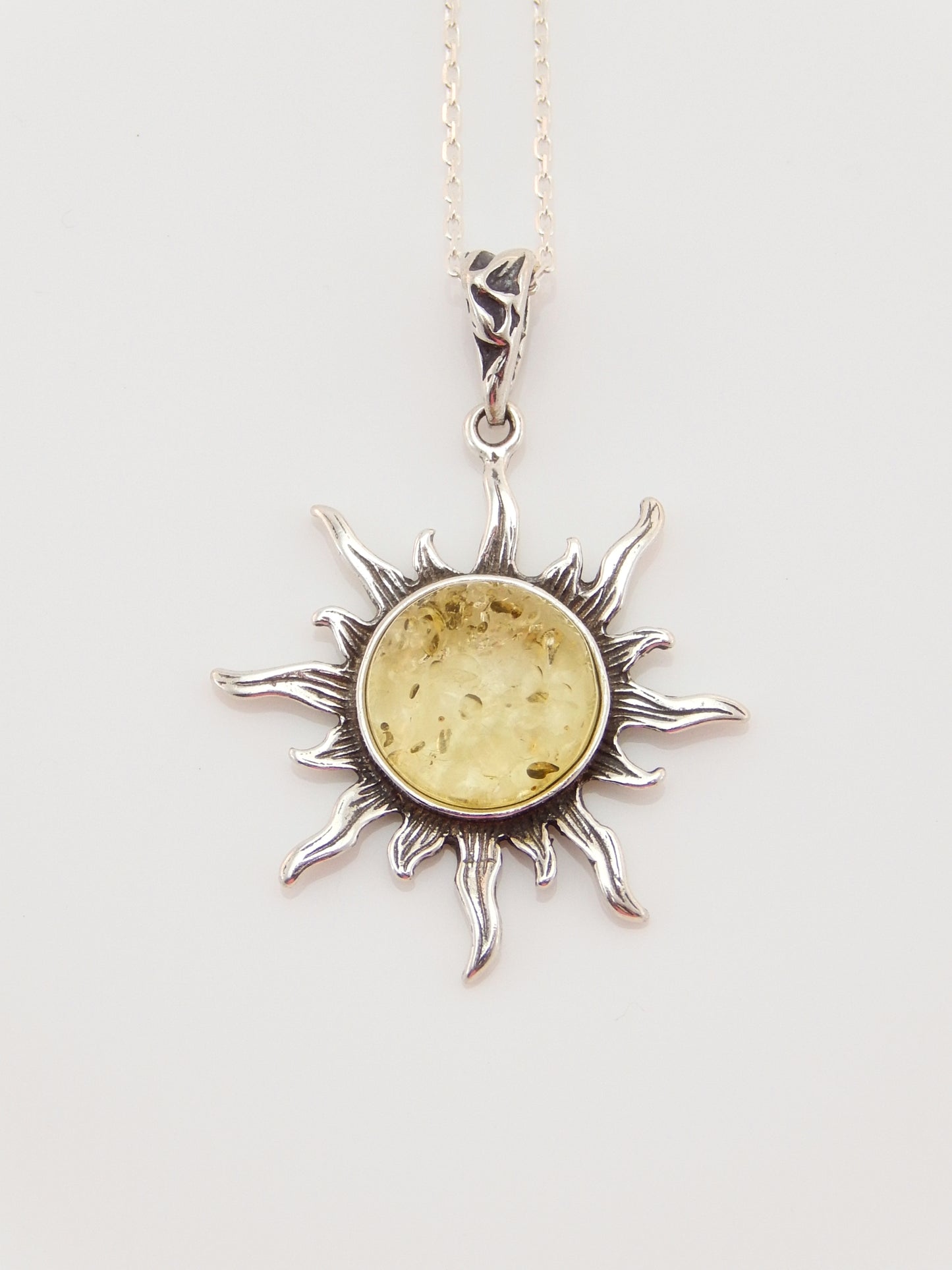 Natural Baltic Lemon Amber Celestial Sun Pendant Necklace