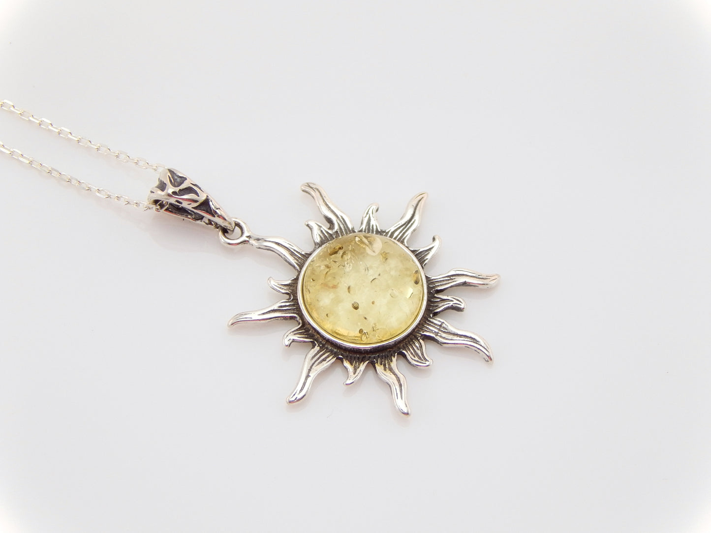 Natural Baltic Lemon Amber Celestial Sun Pendant Necklace