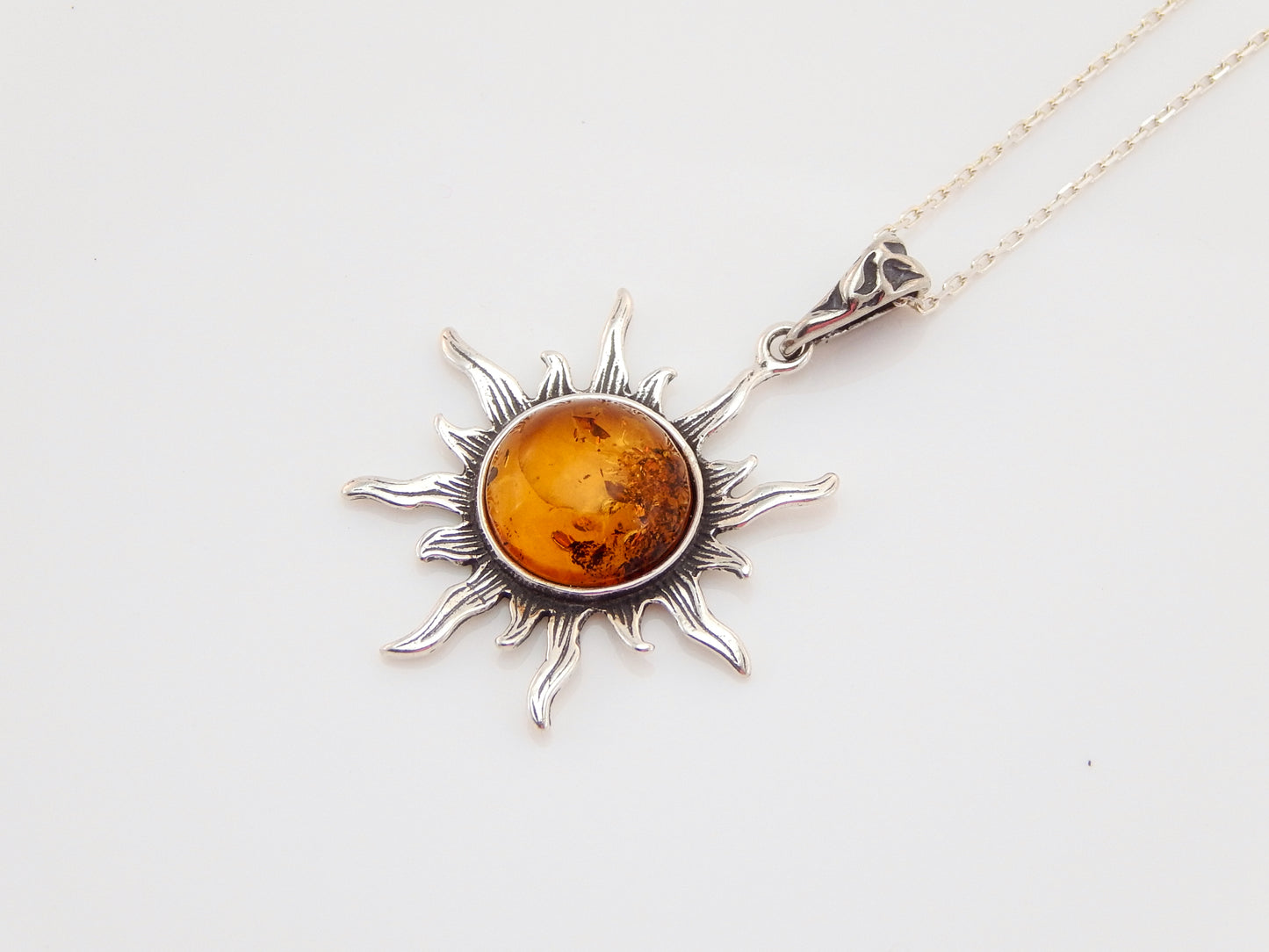Natural Baltic Cognac Amber Celestial Sun Pendant Necklace