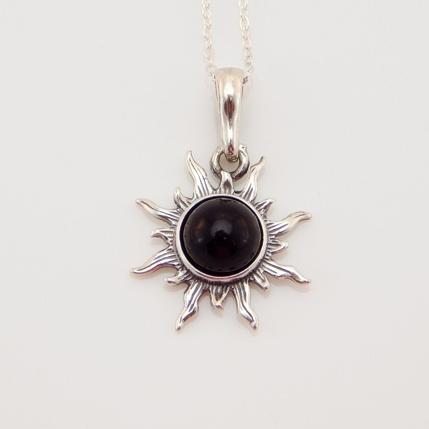 Natural Baltic Black Amber Sun Pendant Necklace in 925 Sterling Silver