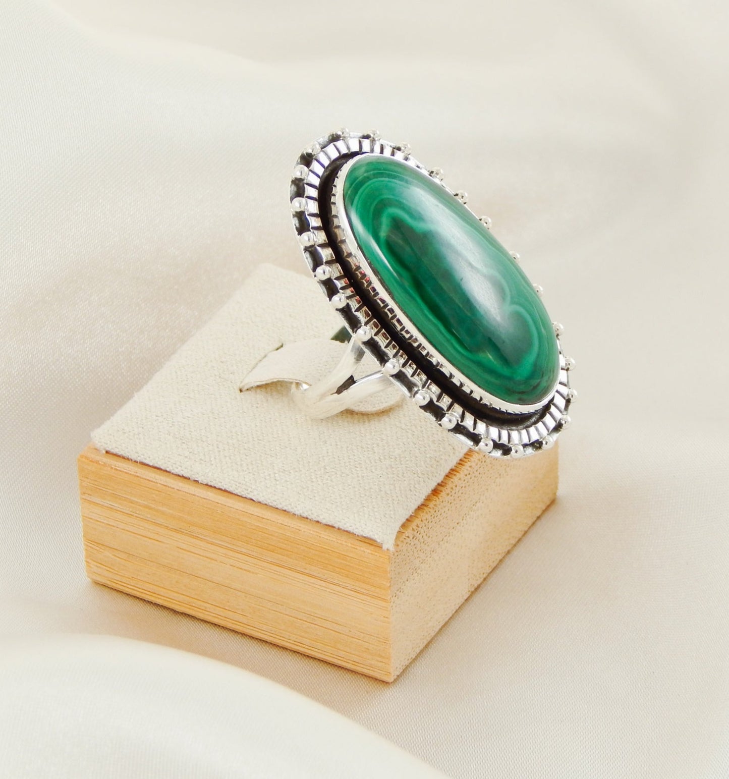 Genuine Malachite Oval Cut Statement Ring in 925 Sterling Silver