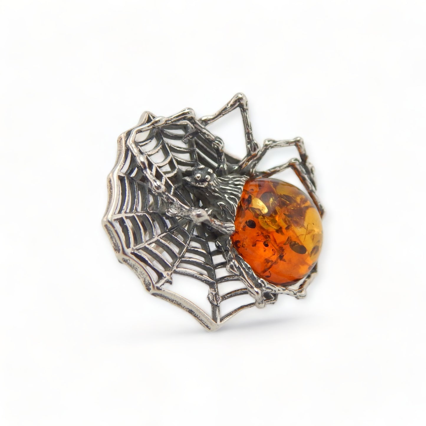 Natural Baltic Cognac Amber Adjustable Spider Statement Ring in 925 Sterling Silver