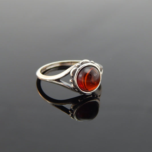 Natural Baltic Cherry Amber Flower Ring in 925 Sterling Silver