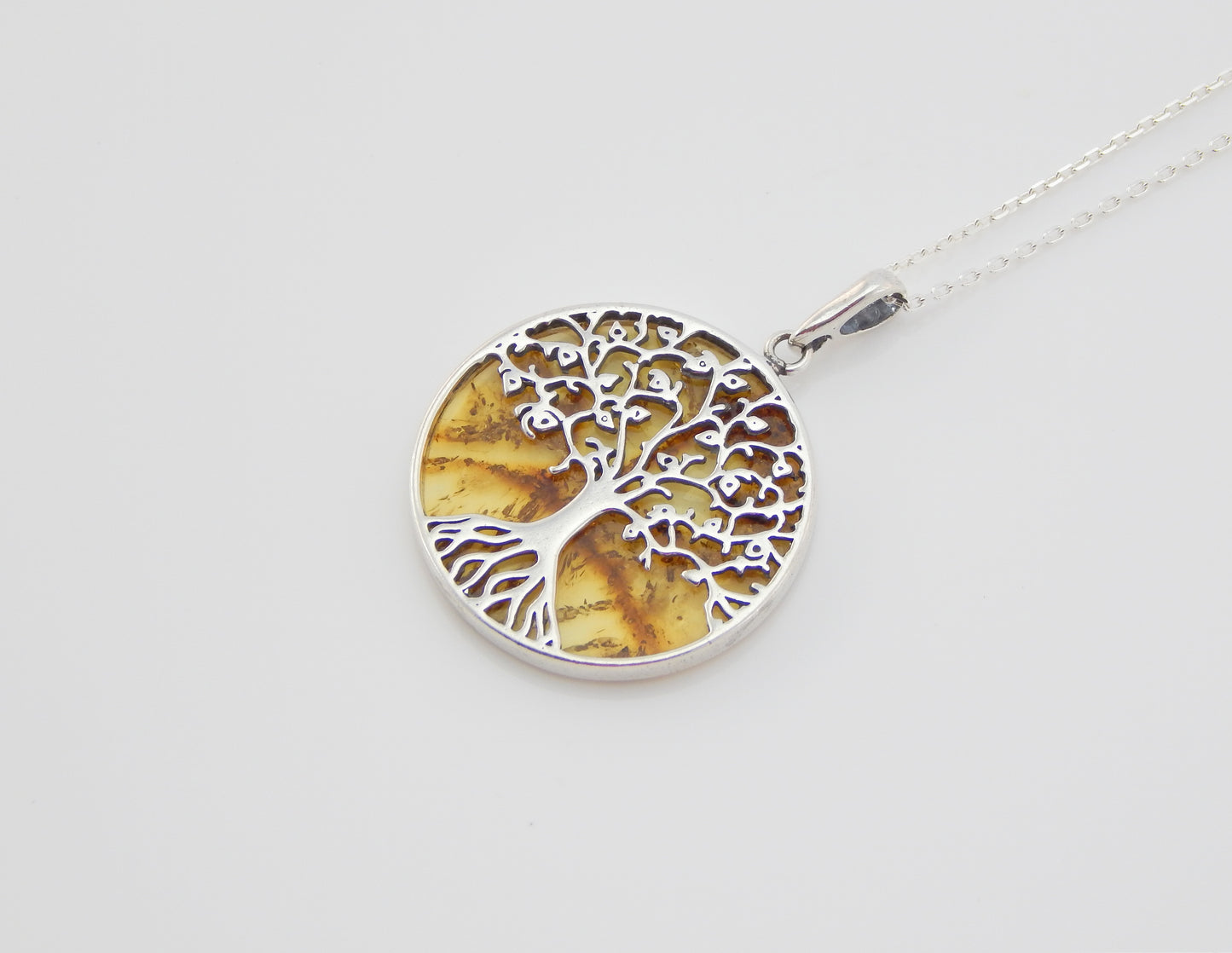 Natural Baltic Lemon Amber Tree Of Life Pendant Necklace in 925 Sterling Silver