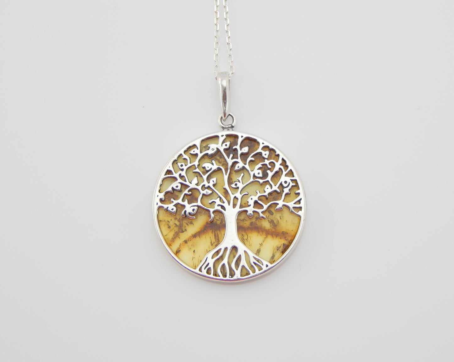 Natural Baltic Lemon Amber Tree Of Life Pendant Necklace in 925 Sterling Silver