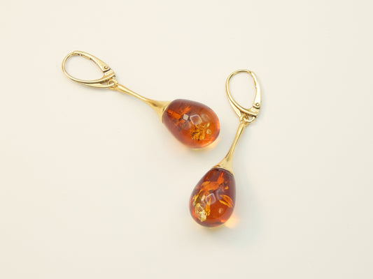 Natural Baltic Cognac Amber Teardrop Earrings in 14k Gold Plated 925 Sterling Silver