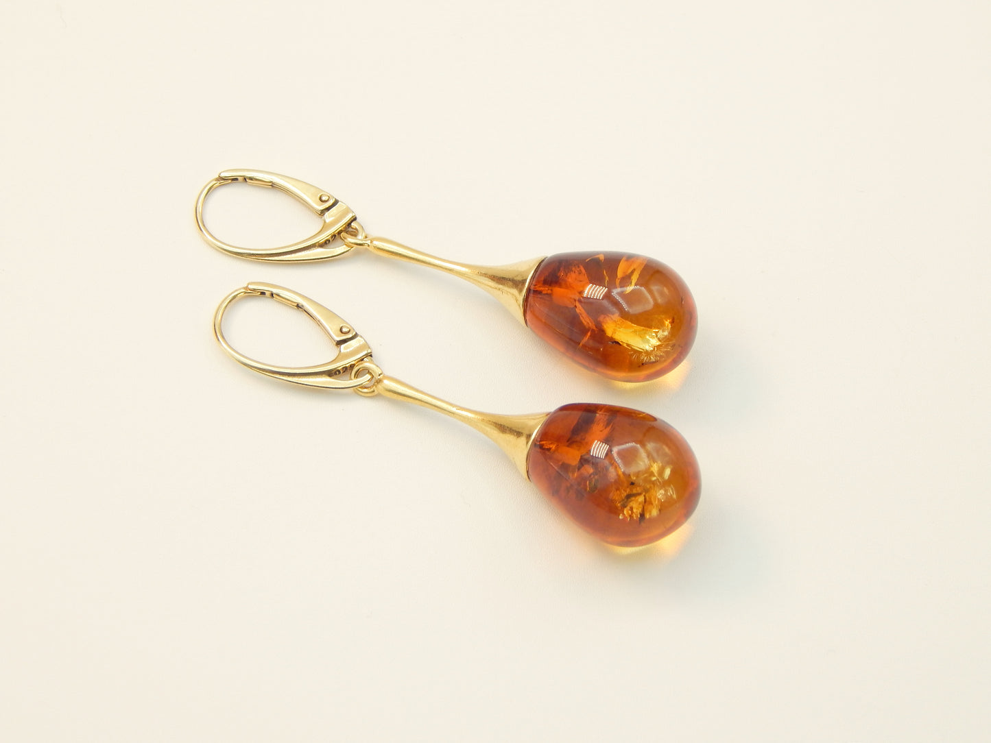 Natural Baltic Cognac Amber Teardrop Earrings in 14k Gold Plated 925 Sterling Silver