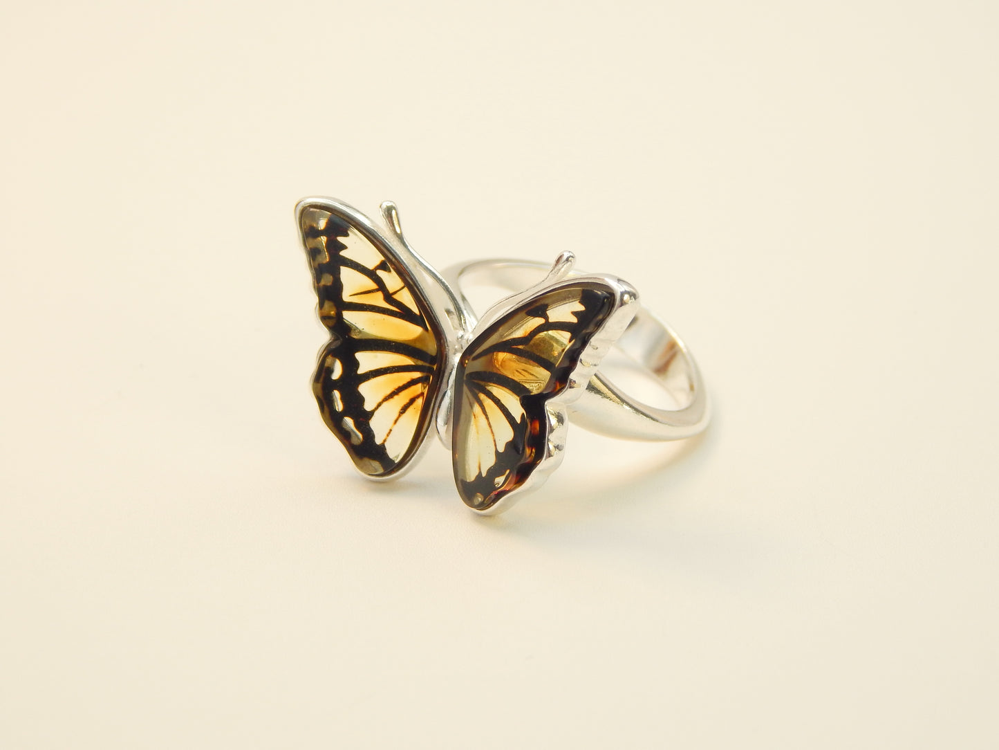 Natural Baltic Amber Monarch Butterfly Adjustable Ring in 925 Sterling Silver