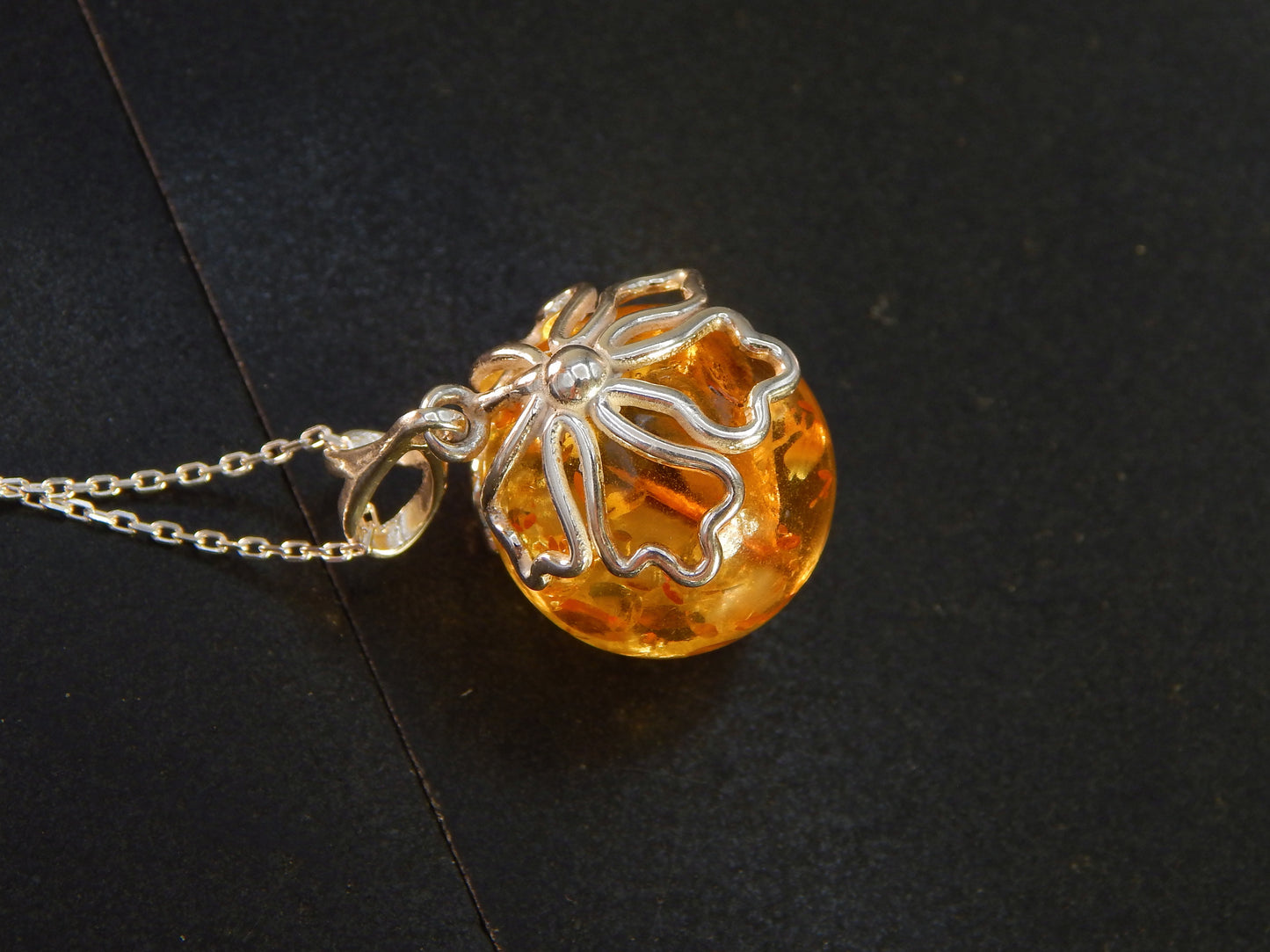 Natural Baltic Lemon Amber Sphere Floral Pendant in 925 Sterling Silver
