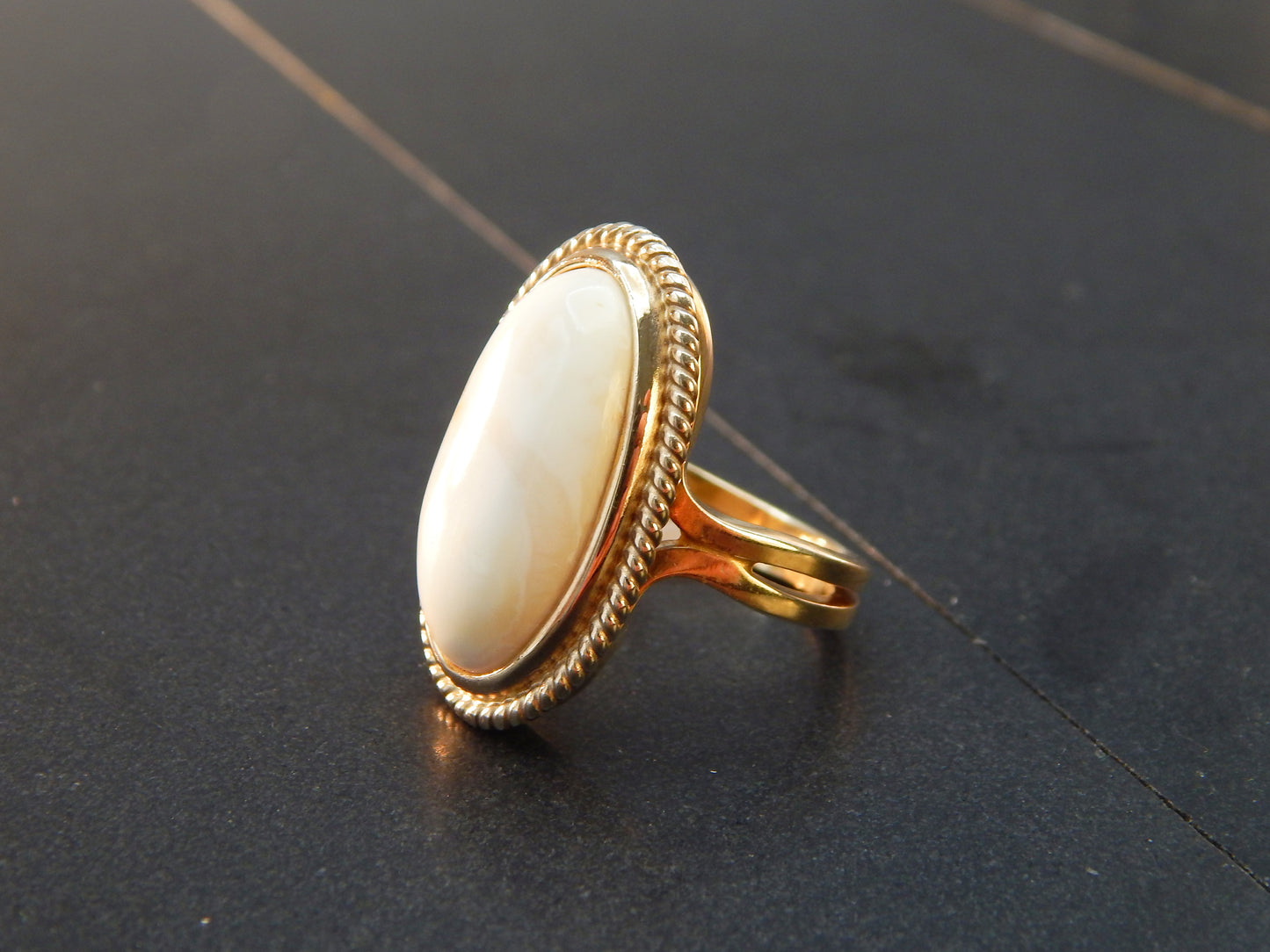 Natural Baltic Rare White Amber Victorian Ring in 14k Gold Plated s925