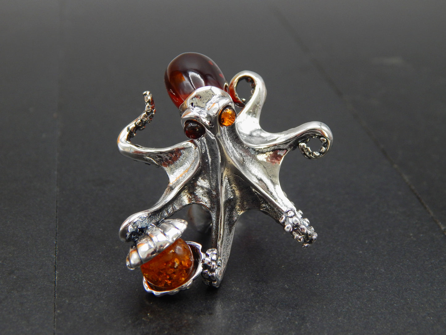 Natural Baltic Cherry Amber Octopus Adjustable Statement Ring in 925 Sterling Silver