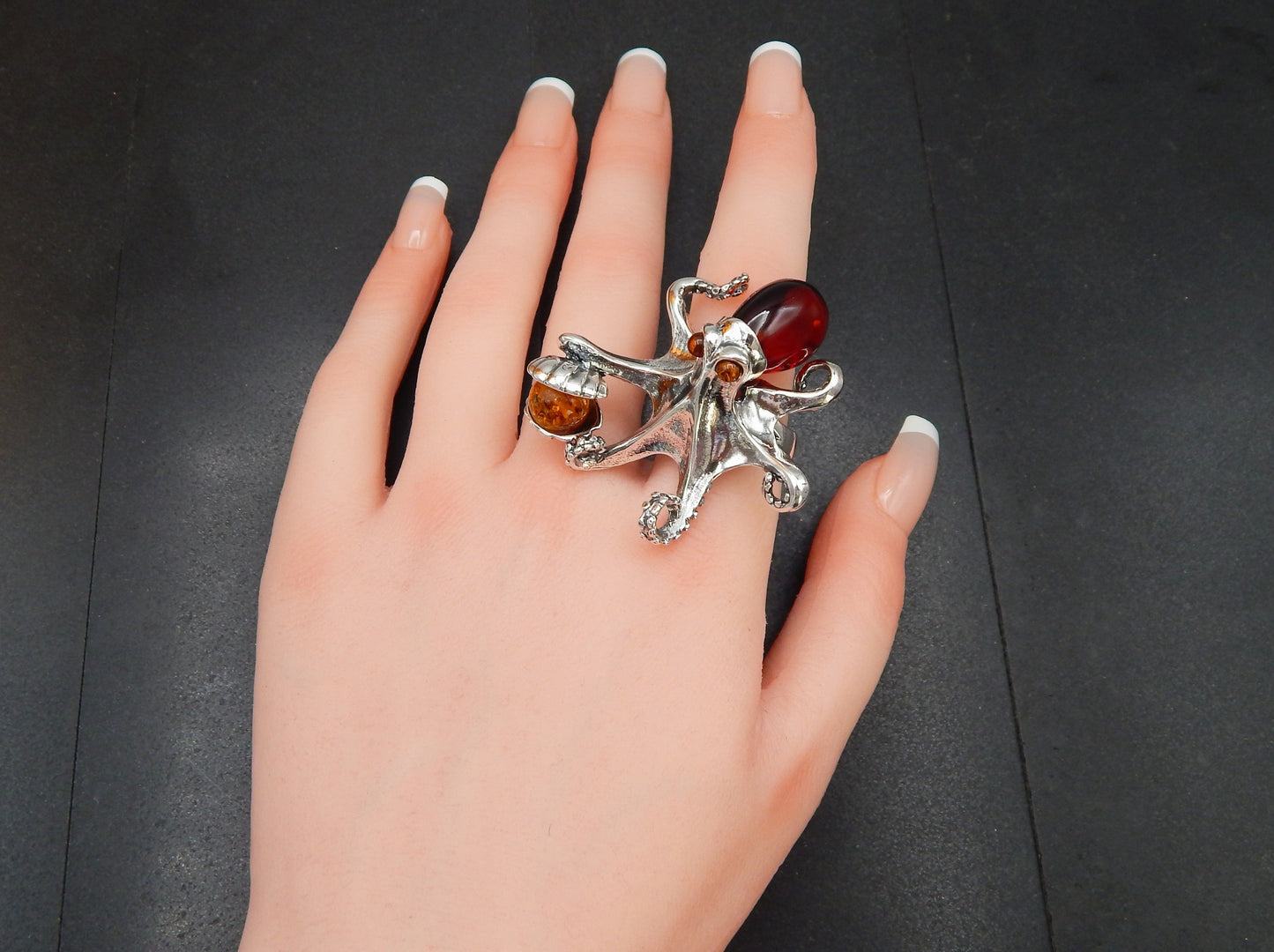 Natural Baltic Cherry Amber Octopus Adjustable Statement Ring in 925 Sterling Silver
