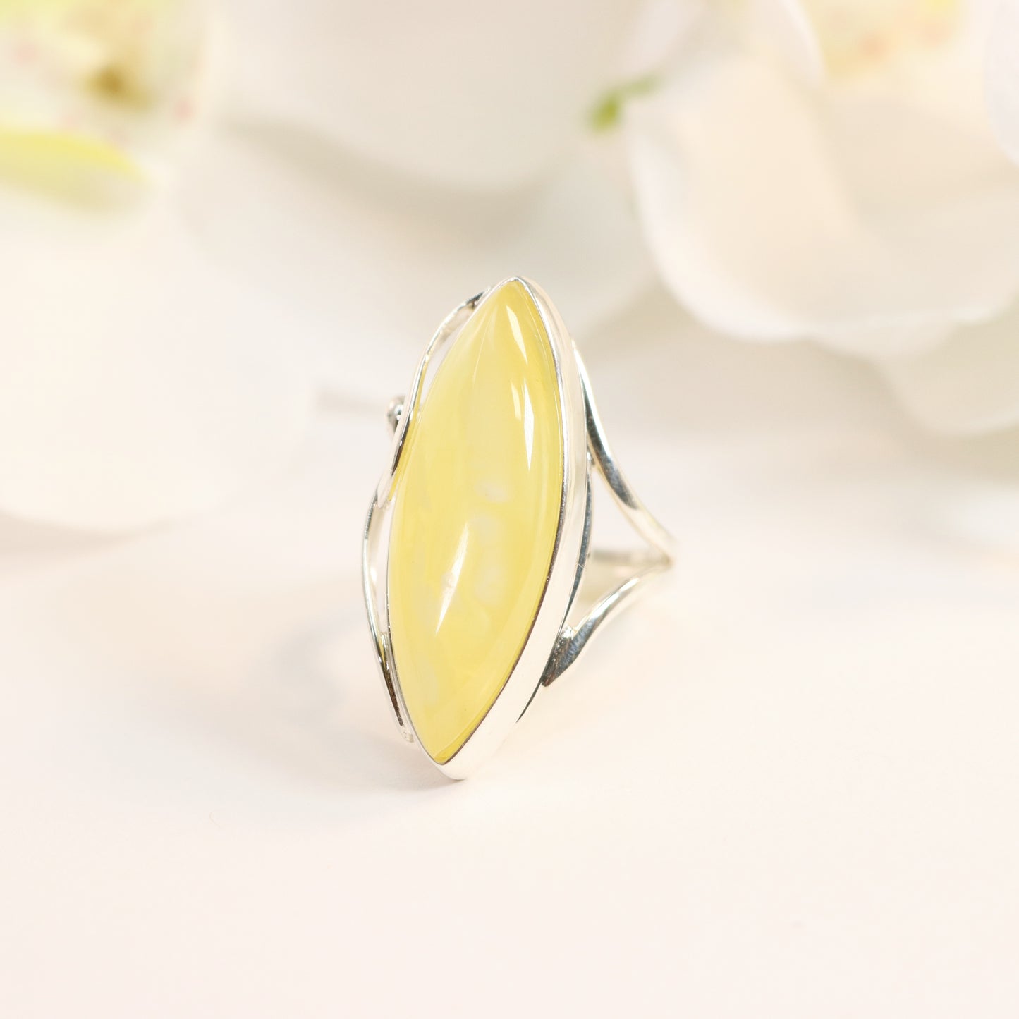 Natural Baltic Lemon Amber Marquise Cut Statement Ring in 925 Sterling Silver