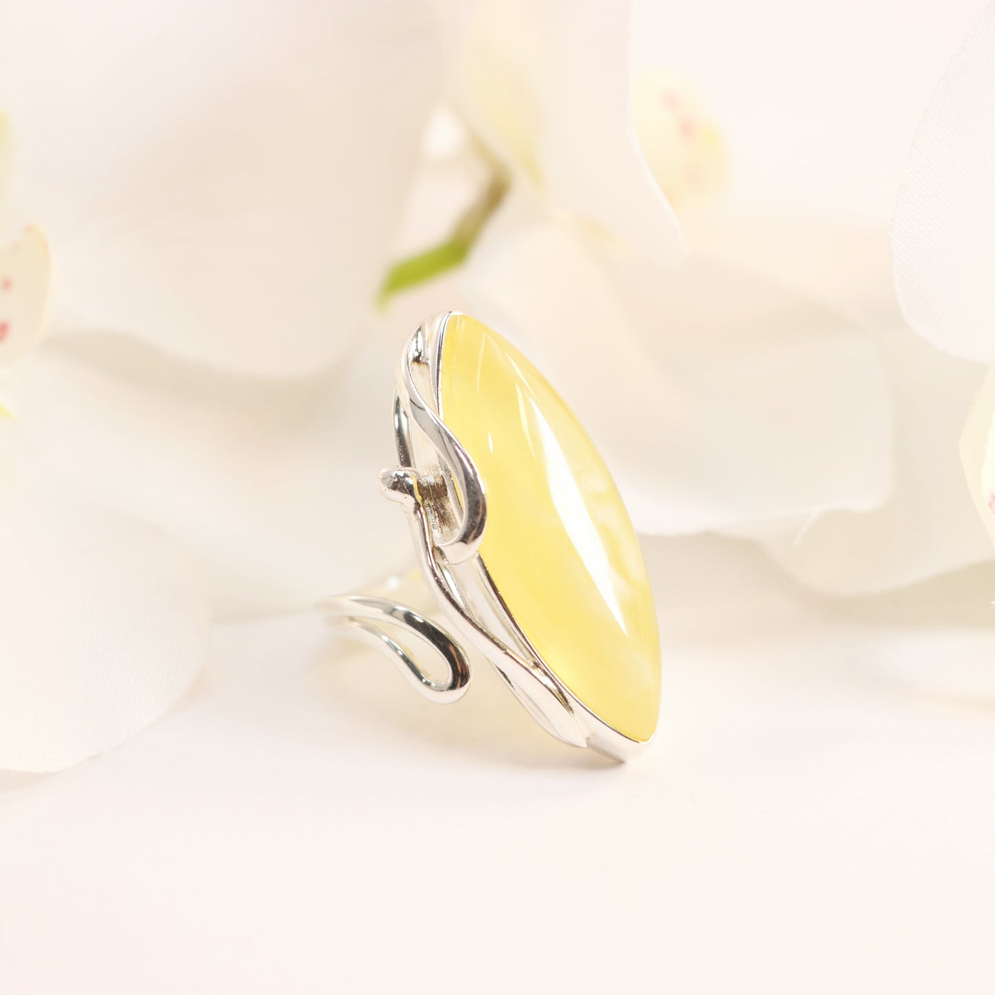 Natural Baltic Lemon Amber Marquise Cut Statement Ring in 925 Sterling Silver