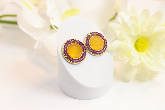 14K Gold Plated Natural Baltic Butterscotch Amber and Purple Amethyst Earrings