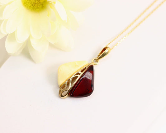 Natural Baltic Cherry and Butterscotch Amber 14k Gold Plated Handmade Pendant Necklace