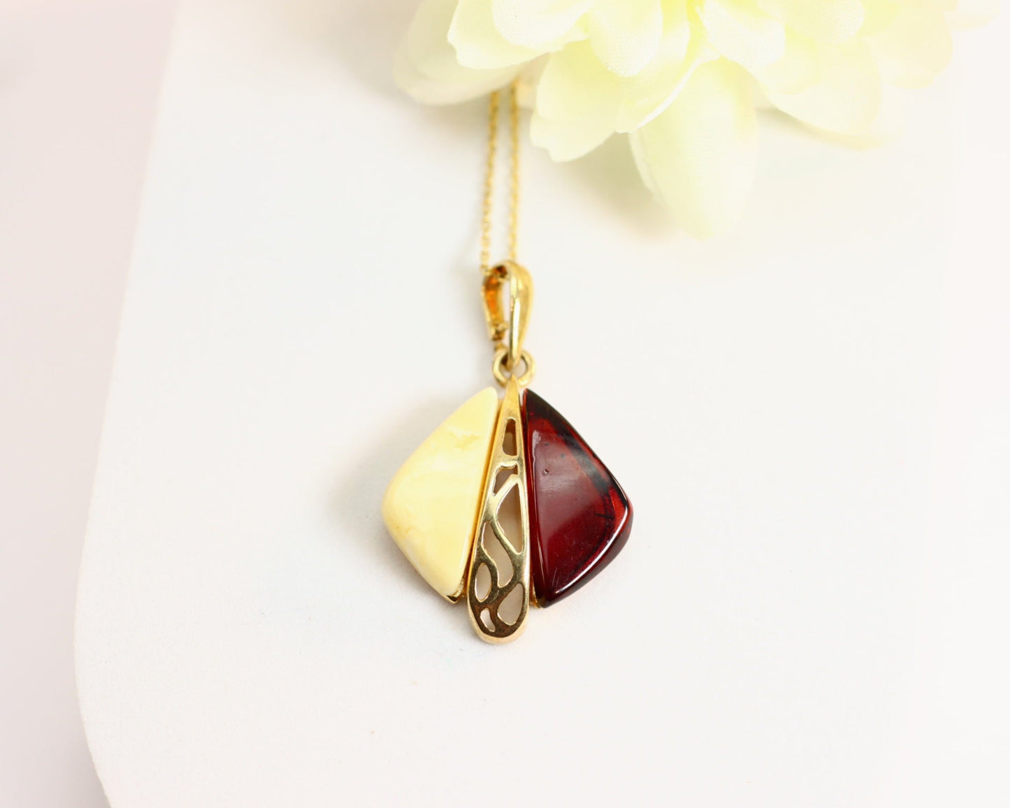Natural Baltic Cherry and Butterscotch Amber 14k Gold Plated Handmade Pendant Necklace