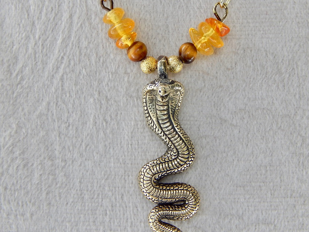 Natural Baltic Amber Brass Cobra Pendant Necklace