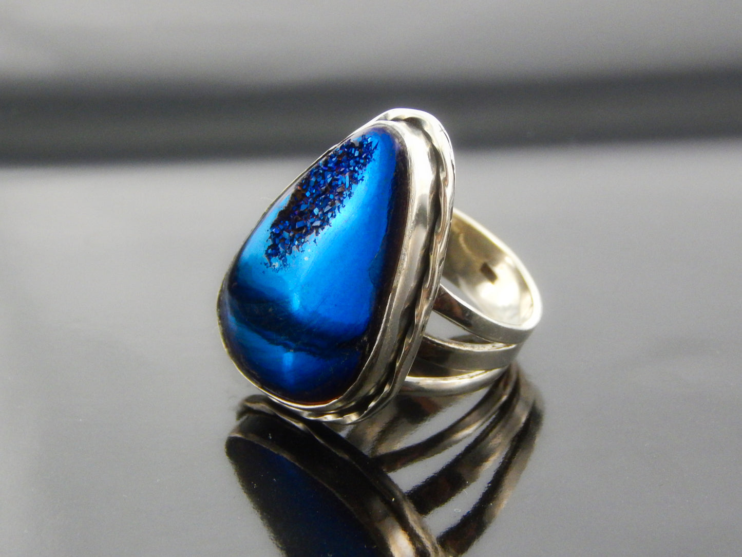 Genuine Hand Painted Royal Blue Druzy Ring in 925 Silver