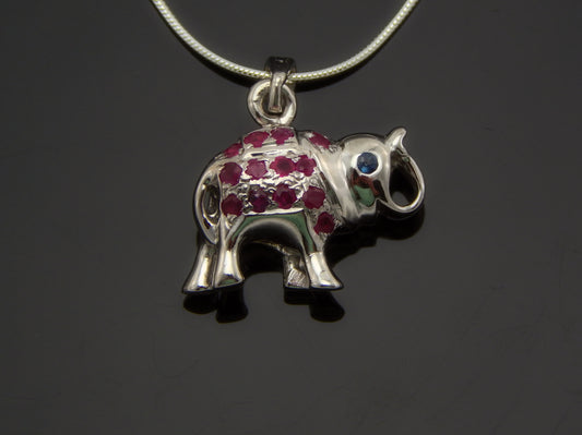 Genuine Ruby and Sapphire Happy Elephant Necklace in 925 Sterling Silver