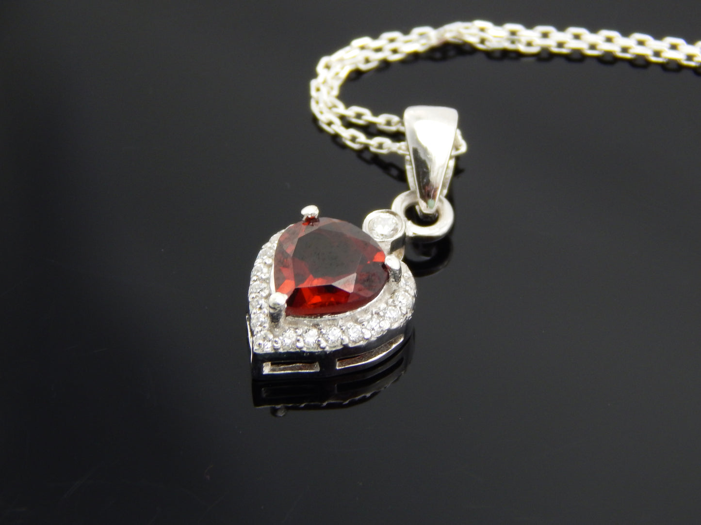 Natural Garnet and Diamond Heart Necklace in 925 Sterling Silver