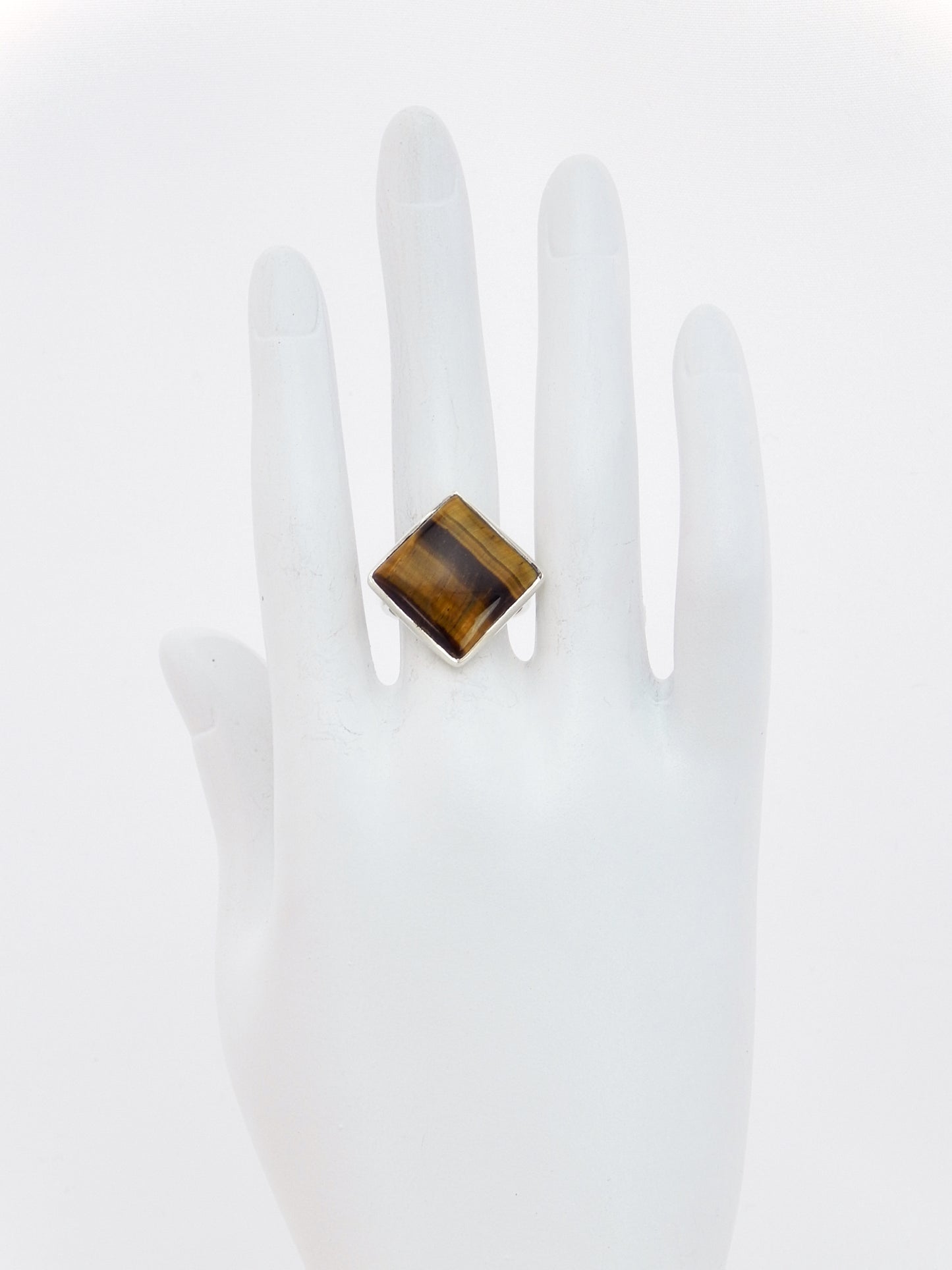 Genuine Square Cut Tigers Eye Adjustable Ring in 925 Sterling Silver