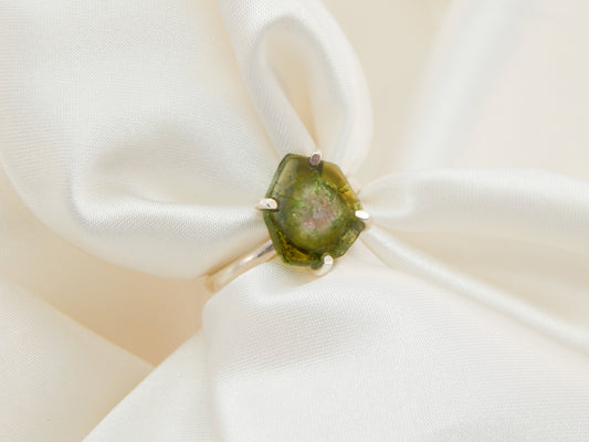 Genuine Rough Cut Watermelon Tourmaline Ring in 925 Sterling Silver