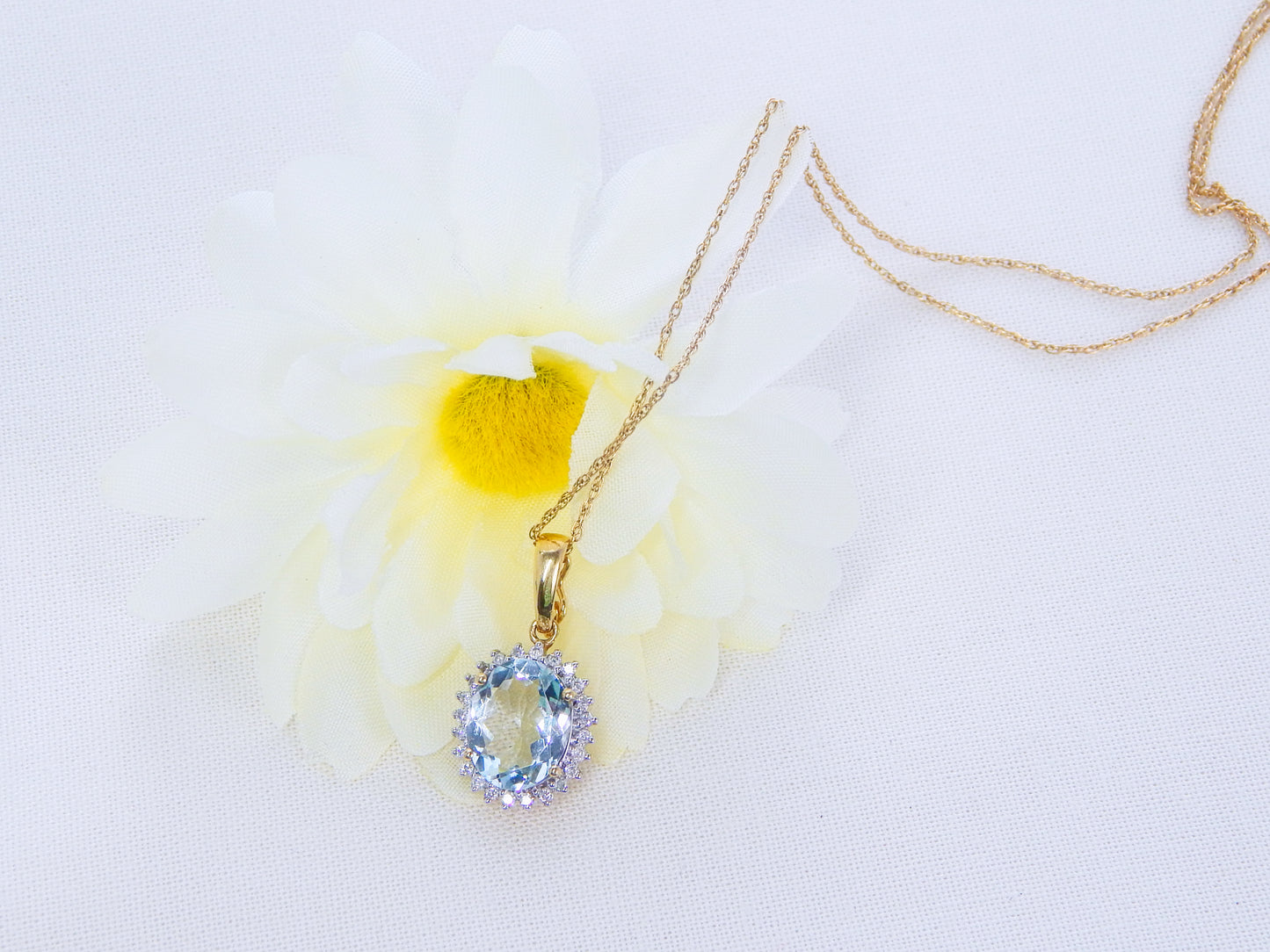 14K Yellow Gold Aquamarine Necklace in Diamond Halo