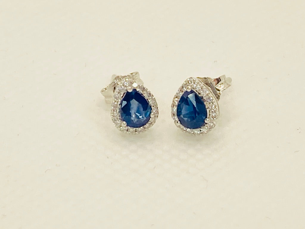 18K Solid White Gold Pear Cut Sapphire Diamond Halo Earrings