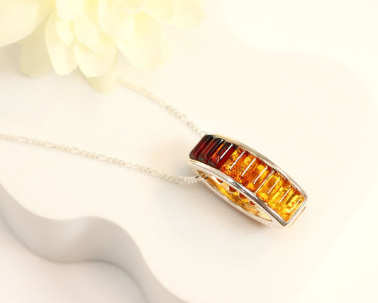 Natural Baltic Lithuanian Amber Rainbow Pendant Necklace in 925 Sterling Silver