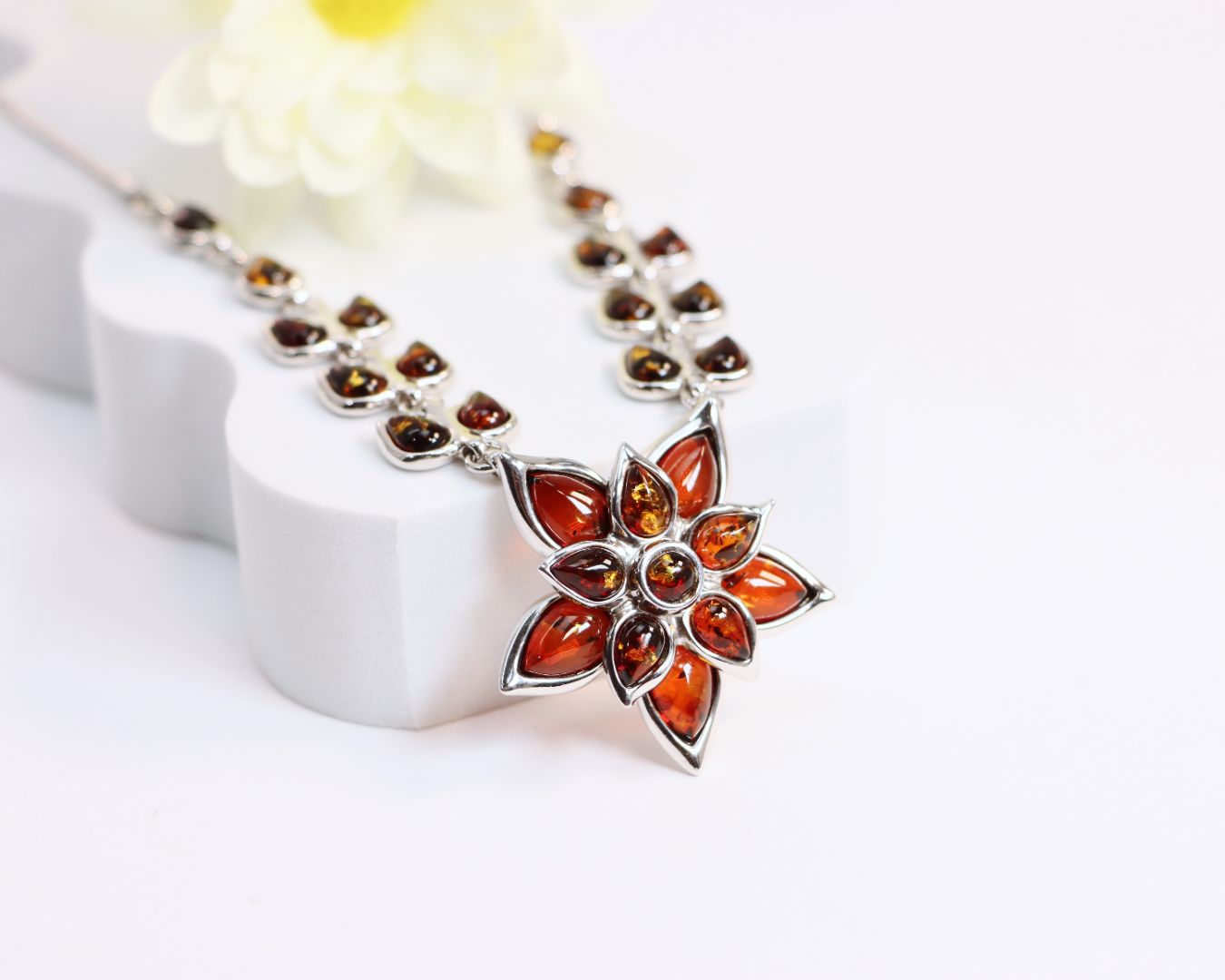 Natural Baltic Amber Floral Statement Necklace in 925 Sterling Silver