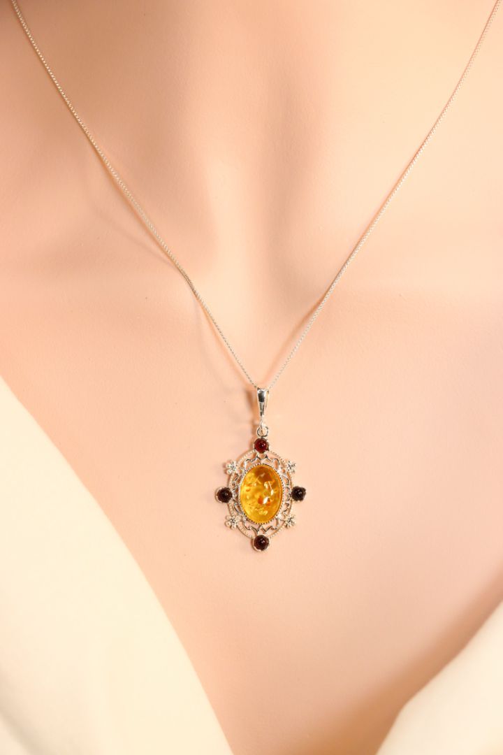 Natural Baltic Lemon and Cherry Amber Medieval Pendant Necklace