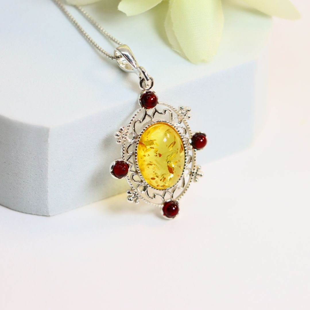 Natural Baltic Lemon and Cherry Amber Medieval Pendant Necklace