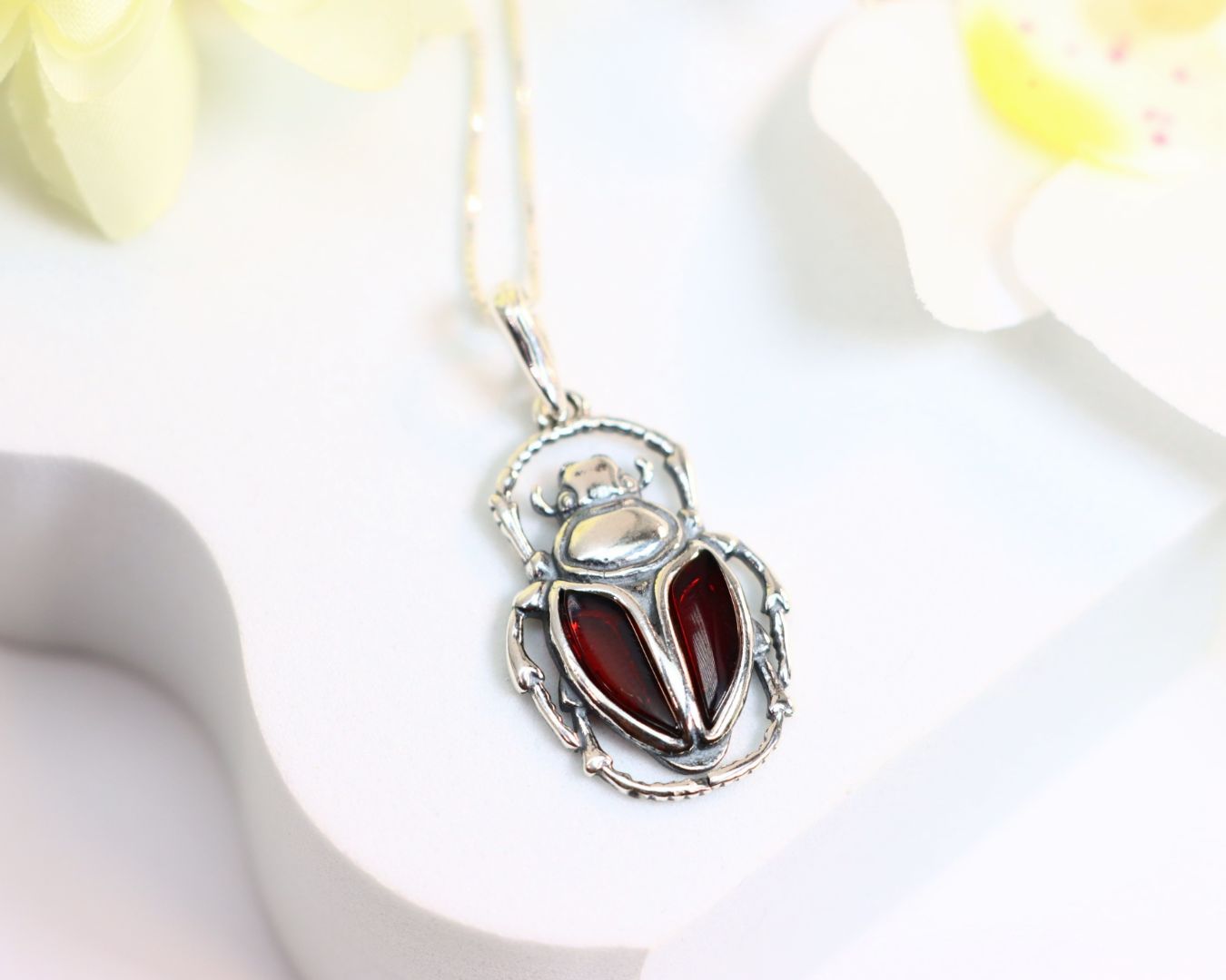 Natural Baltic Cherry Amber Scarab Pendant Necklace in 925 Sterling Silver