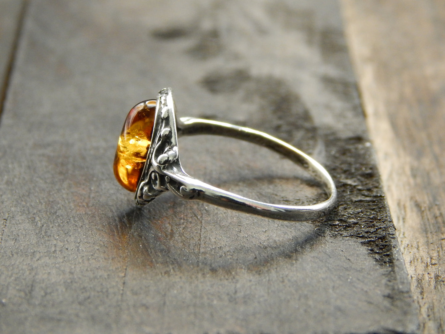 Natural Baltic Cognac Amber Sterling Silver Victorian Ring