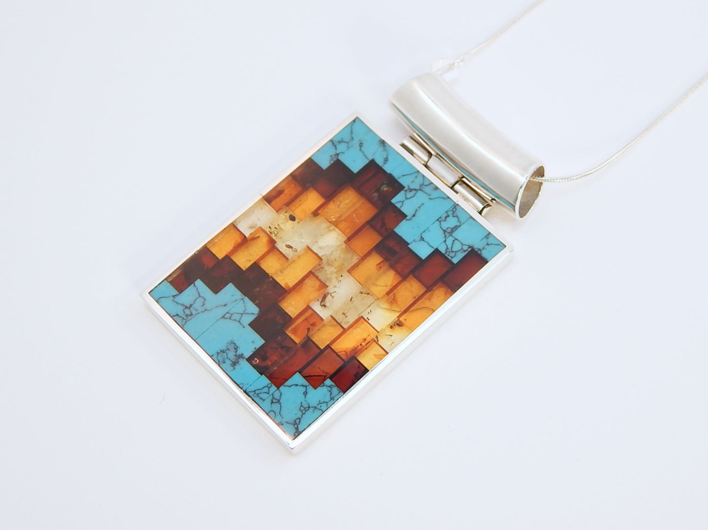 Natural Baltic Amber and Turquoise Mosaic Pendant Statement Necklace in 925 Sterling Silver