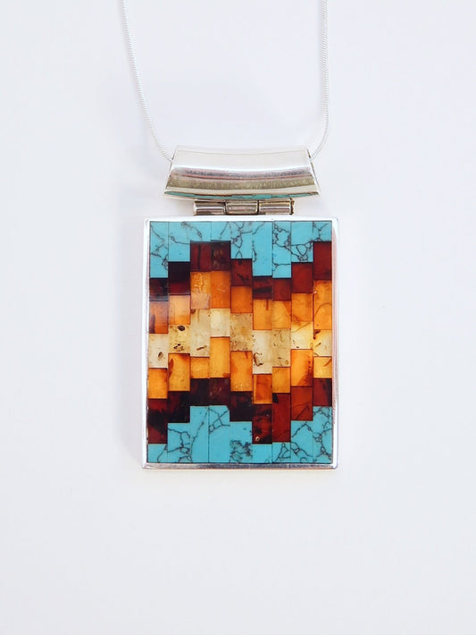 Natural Baltic Amber and Turquoise Mosaic Pendant Statement Necklace in 925 Sterling Silver