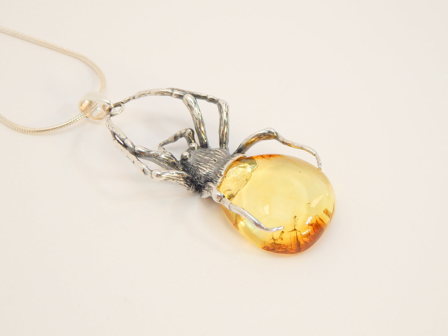 Natural Baltic Lemon Amber Large Black Widow Pendant Necklace in 925 Sterling Silver
