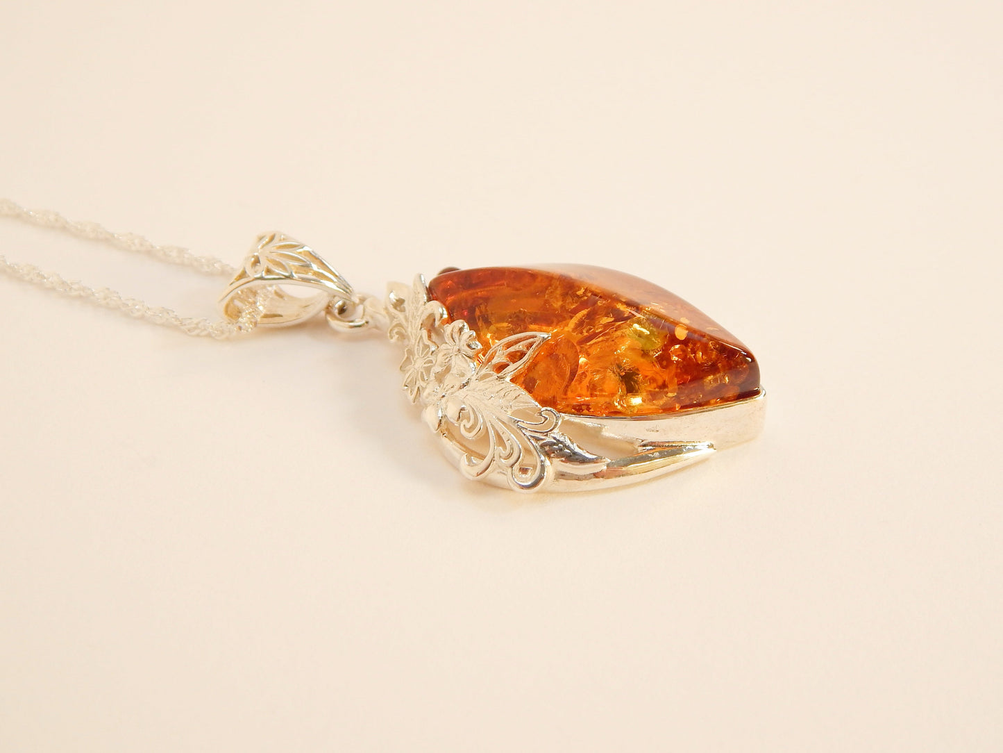 Natural Baltic Cognac Amber Floral Pendant Regal Necklace in 925 Sterling Silver