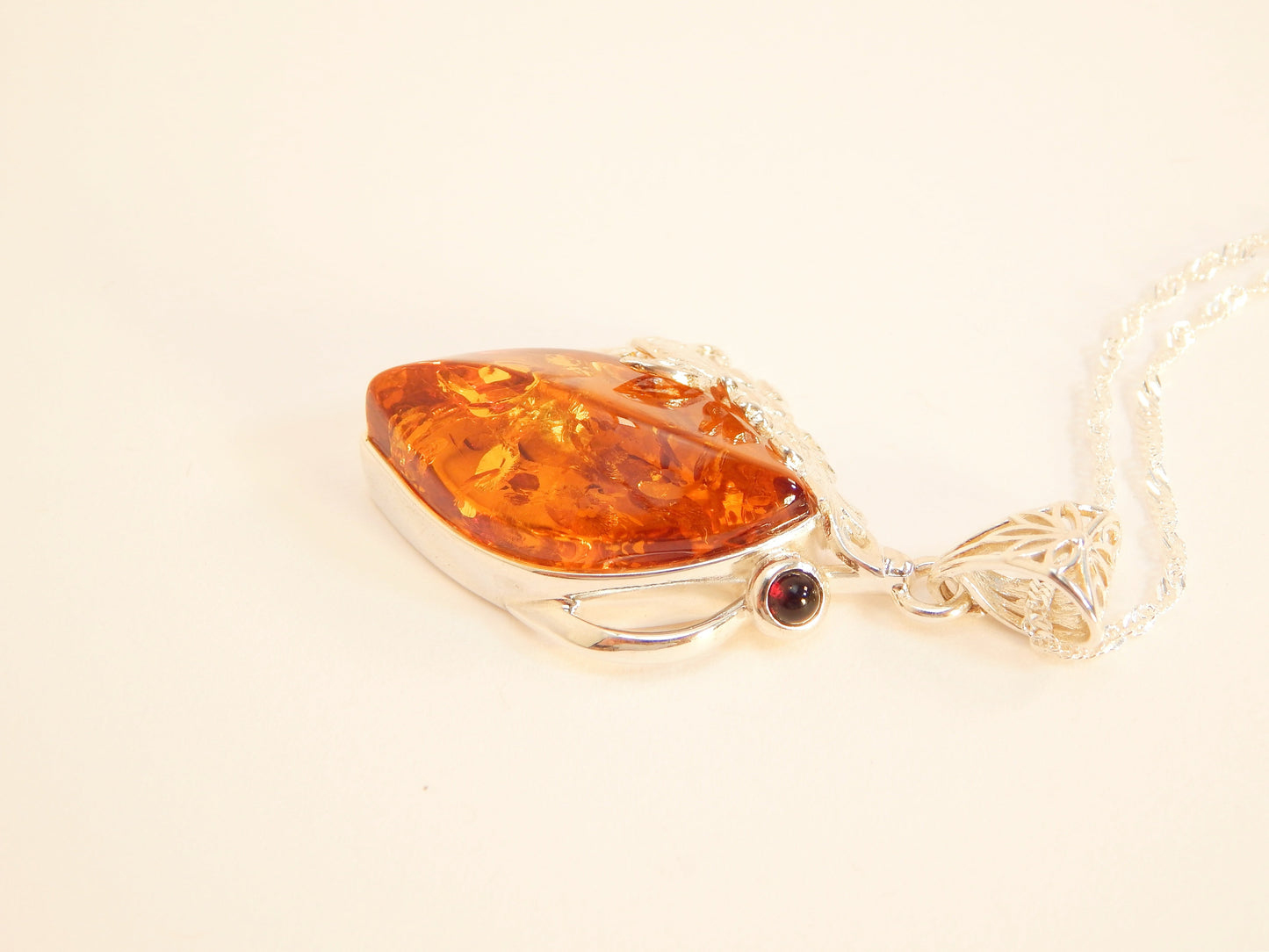Natural Baltic Cognac Amber Floral Pendant Regal Necklace in 925 Sterling Silver